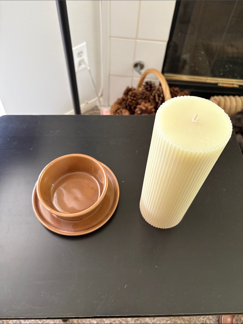 Cream Ribbed Pillar Candle & Brown Ceramic Pillar Candle Holder